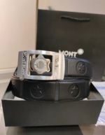 1:1  Montblanc  Black Leather Belt with Silver Logo Buckle Inlay Design Buckle  3.4cm